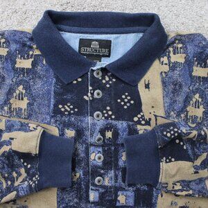 Structure Polo Shirt Mens Medium Blue/Tan Geometric 100% Cotton Long Sleeve‎